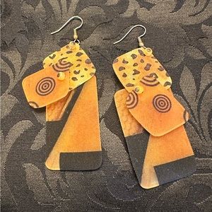 Funky animal print acetate earrings. Artist-made. 3.25” drop.